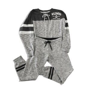 LE Womens Size M Gray Black Wildwood Jersey Pullover Sweatshirt Sweatpants Set